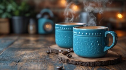 Two steaming mugs of coffee on wooden table.