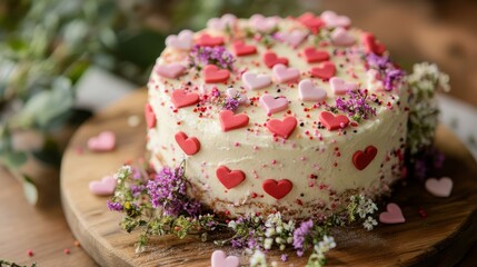 48.A close-up view of a decorated Valentine's cake on a wooden board, topped with heart-shaped sprinkles and surrounded by small flowers and greenery.