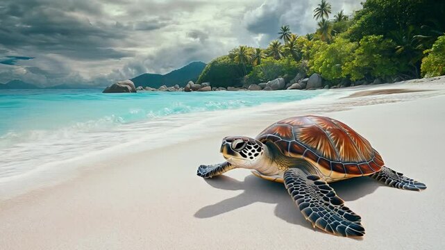 Scene of turtle walking on the beach, smooth repeating motion for background video animation