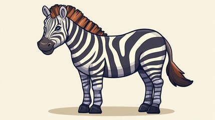 Obraz premium Cartoon zebra illustration, standing, smiling, black and white stripes, brown mane and tail.