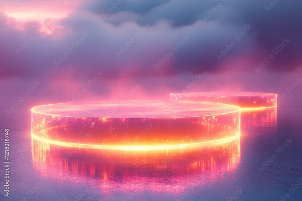 Poster a stunning scenery featuring glowing circular formations emerging from a calm body of water, surroun