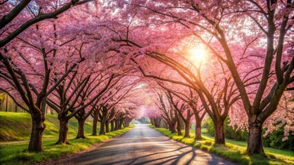 Pink cherry blossom trees in full bloom frame a winding scenic road with sunlight filtering through the delicate petals, creating a picturesque scene , gentle light, scenic road
