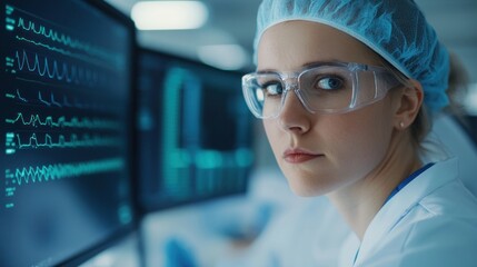 Confident Medical Professional Analyzing Data on Monitors in a Modern Healthcare Facility