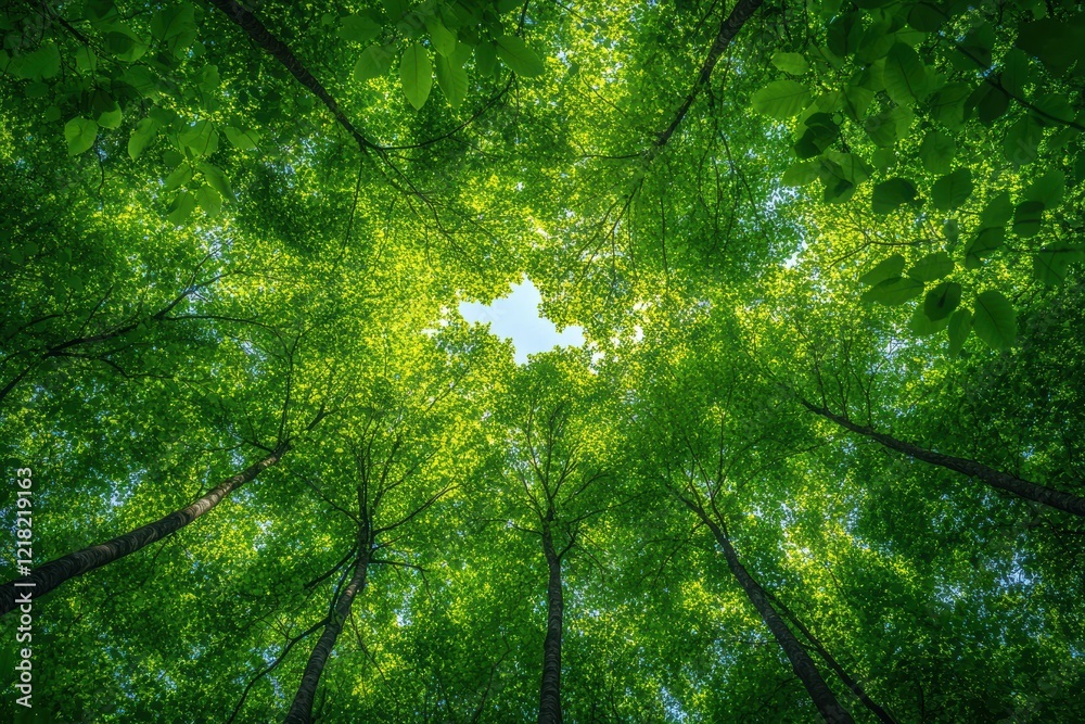 Poster a stunning view of a lush green forest with sunlight filtering through the leaves, creating a serene