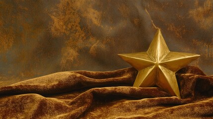 Golden star decoration on textured brown fabric background highlighting elegance and luxury perfect...