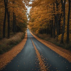 Fototapeta premium A peaceful countryside road lined with autumn leaves.