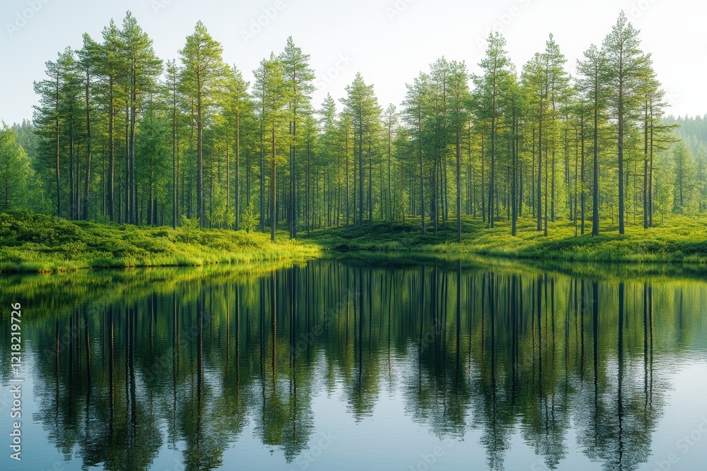 Poster a tranquil scene of lush trees reflecting in a calm lake, surrounded by vibrant greenery. perfect fo