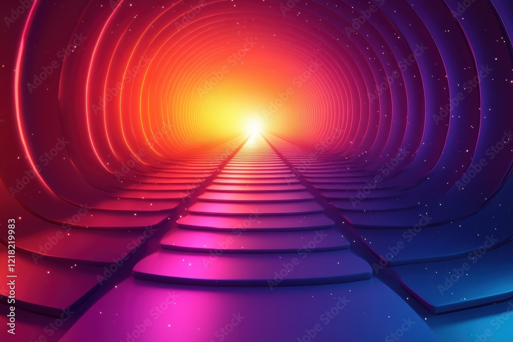 Poster a vibrant, futuristic tunnel illuminated by a spectrum of colors leading to a bright light, symboliz