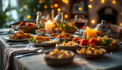 A Festive Table Set With Delicious Food And Warm Lighting