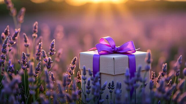 Lavender field with gift box and purple ribbon.