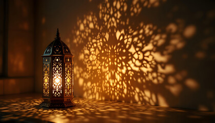 Fototapeta premium Illuminated Ornate Lantern Casts Intricate Shadow Patterns