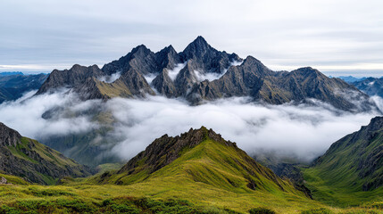 Fototapeta premium Majestic misty mountain range with jagged peaks and lush greenery