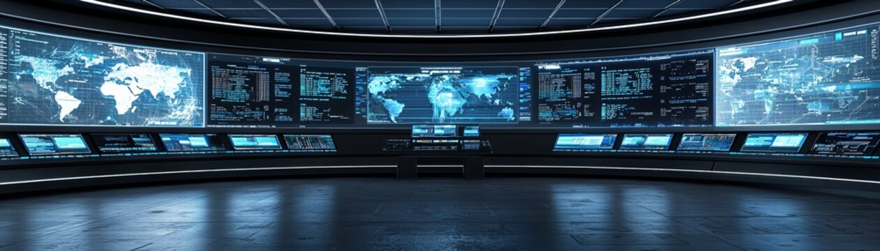 A futuristic AI system displaying market forecast data in a high-tech control room