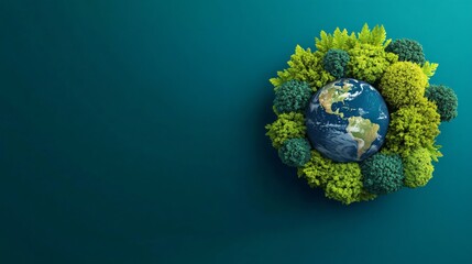 Fototapeta premium Earth in Green Embrace: A vibrant globe nestled in a lush crown of green leaves, symbolizes the delicate balance of nature and the importance of environmental stewardship.