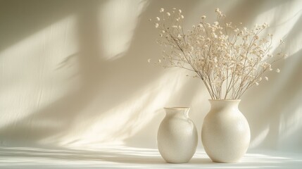 Dried Flowers in Cream Ceramic Vases, Minimalist Home Decor