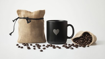 106.A flat lay composition showcasing a mug of steaming black coffee with a heart foam design, flanked by scattered coffee beans and an open sack, all arranged neatly on a crisp white backdrop with