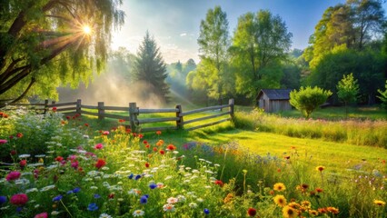 Serene Sunrise Illuminates Vibrant Wildflower Meadow Beside Rustic Wooden Fence and Small Outbuilding