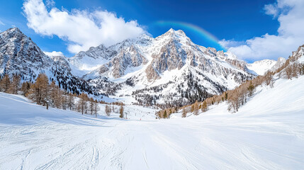 rainbow arching over snowy mountain peak creates stunning winter landscape