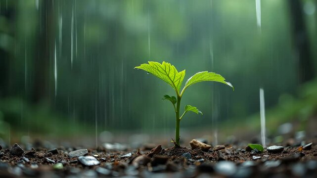 Seedling Growing in Rainforest with Raindrops