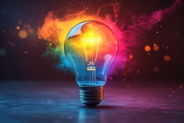 A vibrant light bulb surrounded by colorful smoke, symbolizing innovation and creativity, perfect for themes of inspiration and bright ideas.