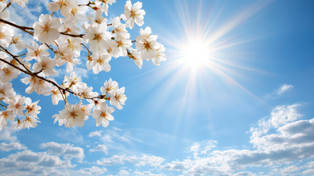Blossoming cherry flowers under bright sun in blue sky