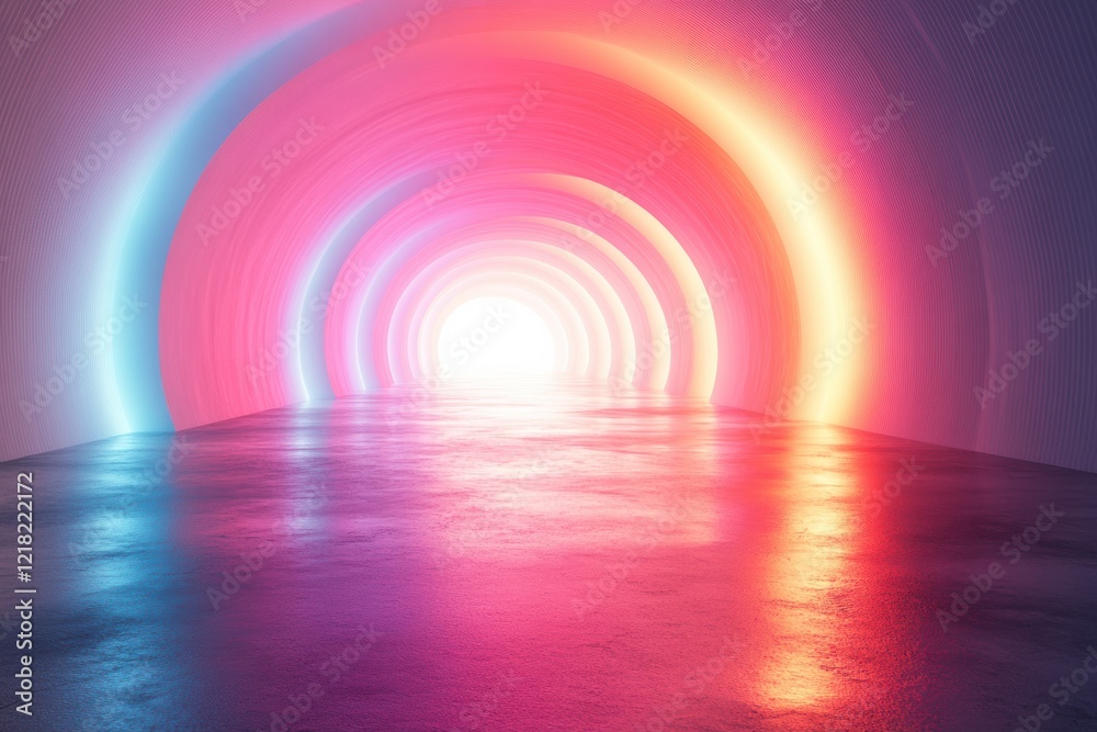 Poster a vibrant tunnel of light, featuring radiant colors reflecting on a smooth surface, symbolizing tran