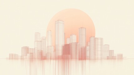 Obraz premium Minimalist city skyline at sunset, wireframe style.
