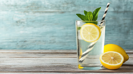 Refreshing lemonade served in tall glass with mint and lemon slices