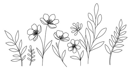 Minimalist line art of flowers and leaves in black and white, perfect for modern designs
