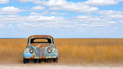 Fototapeta premium rusted old car abandoned in field surrounded by tall grass and clouds