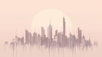 Fototapeta premium Misty city skyline at sunrise.