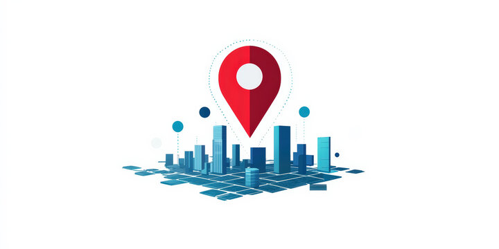 A modern graphic depicting a city skyline with a prominent red location pin, symbolizing navigation and digital mapping.
