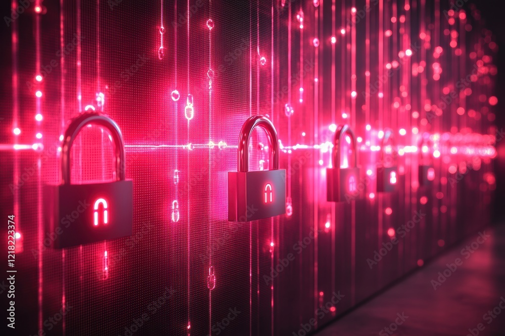 Poster an abstract image showcasing illuminated padlocks against a vibrant red backdrop, symbolizing securi