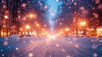 Snowy city street at night with warm streetlights.