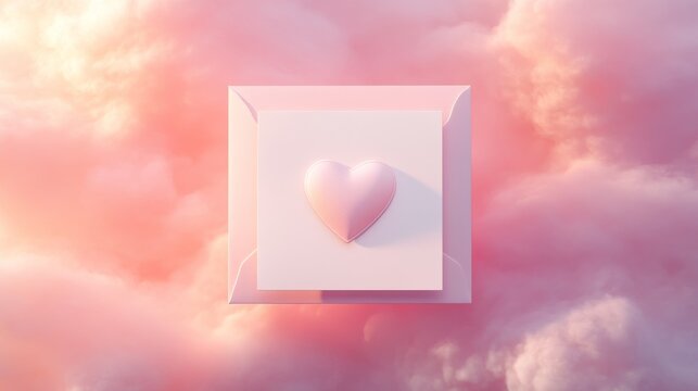 35.An overhead view of a pink envelope opened neatly, holding a minimalistic white card with a central heart design, set against a serene pink backdrop with soft gradients.