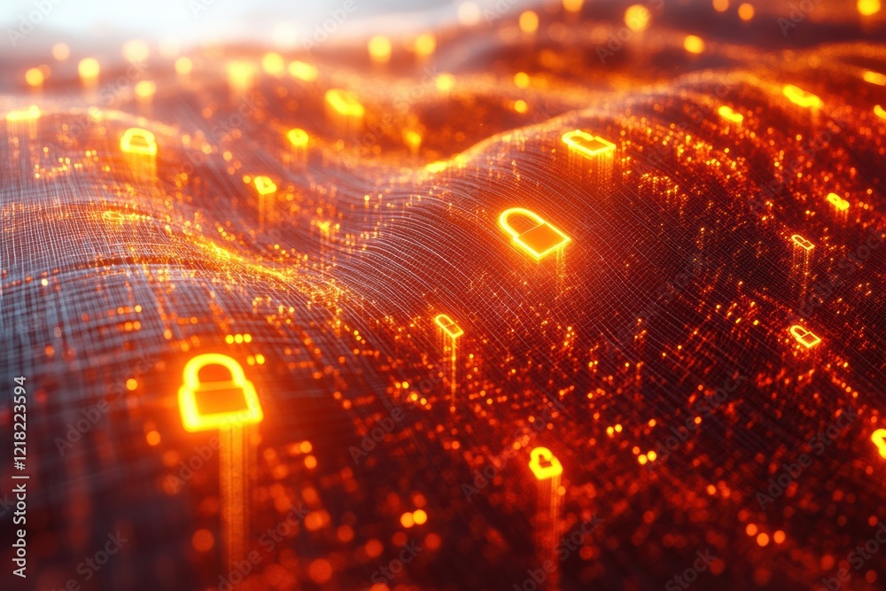 Poster An abstract representation of digital security, featuring glowing padlocks amidst vibrant data waves. Ideal for illustrating cybersecurity concepts.