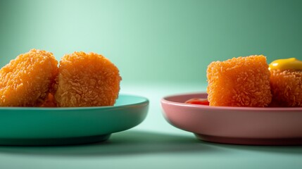Crispy Fried Nuggets with Dips on Plates