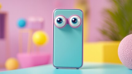 Colorful Smartphone Character with Big Eyes in Modern Playful Setting