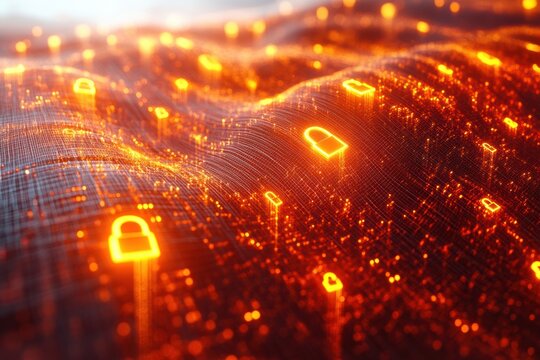 An abstract representation of digital security, featuring glowing padlocks amidst vibrant data waves. Ideal for illustrating cybersecurity concepts.