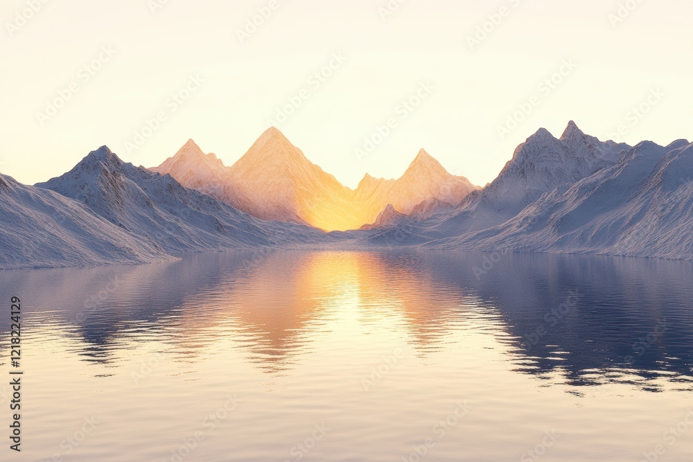 Poster breathtaking view of majestic mountains reflected in calm waters during a serene sunset, creating a 