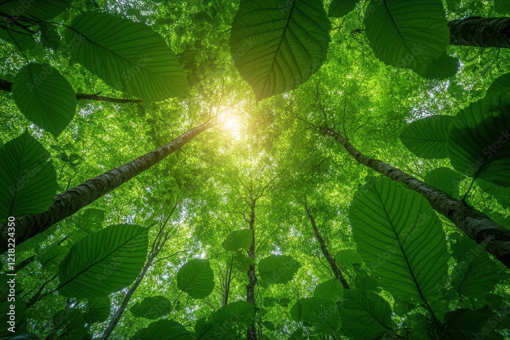 Poster discover the beauty of nature with this serene image of sunlight filtering through lush green leaves