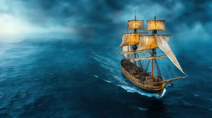Fototapeta premium majestic ship sailing through stormy sea under dark clouds