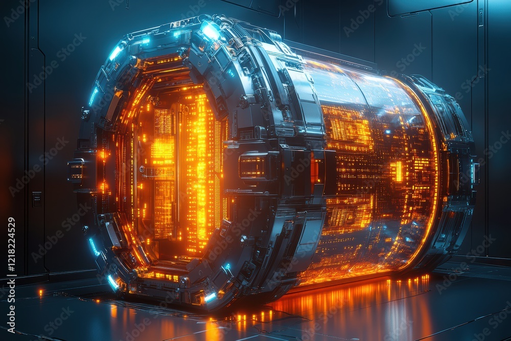 Poster futuristic energy core with glowing orange lights. this advanced technology represents innovation an