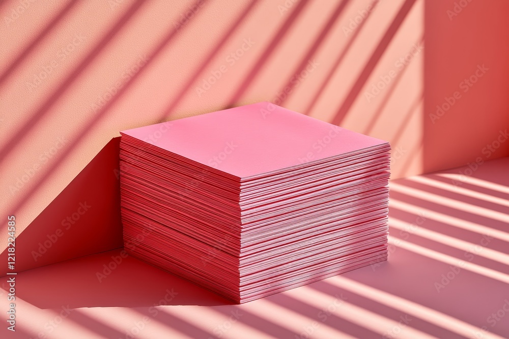 Poster stack of vibrant pink sheets against a soft pastel pink backdrop, creating a visually striking compo