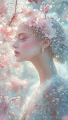 Naklejka premium Flower goddess, beautiful, head to toe, sparkly, pastel pink, pastel mint、Sparkling warmly and delicately