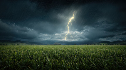 stormy night with heavy rain, lightning, and dark clouds over field