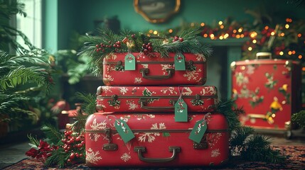 Holiday travel preparation with vintage luggage cozy living room photography festive atmosphere close-up adventurous spirit