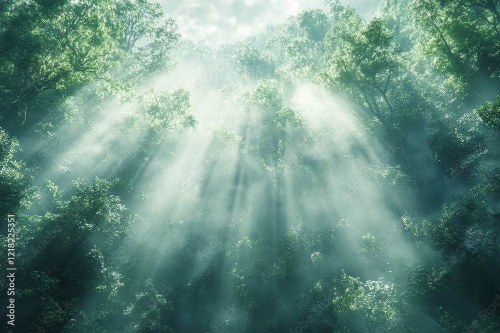 Poster Sunlight streams through a dense forest, creating an ethereal atmosphere as mist rises among the vibrant green foliage, showcasing nature's beauty.