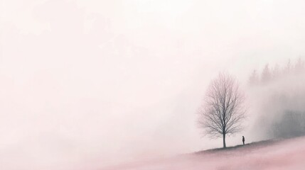 Solitary figure standing by a leafless tree in a misty field.