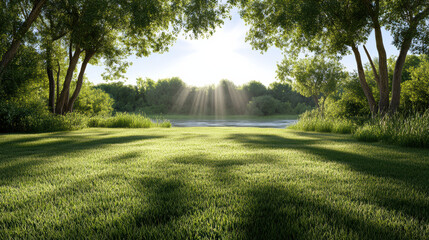 serene meadow with sunlight streaming through trees, creating peaceful atmosphere